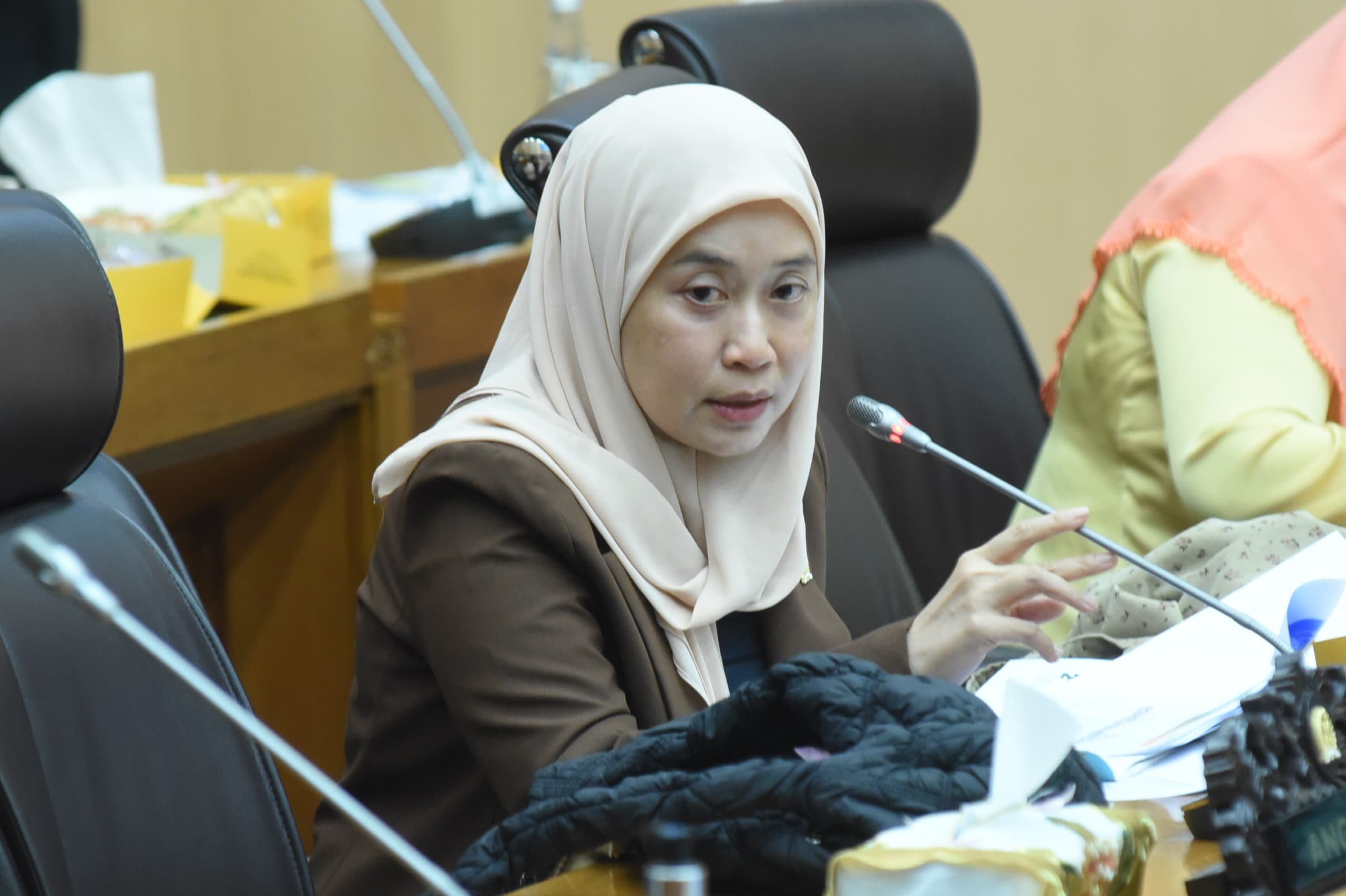 Anggota Komisi XII DPR RI Dewi Yustisiana saat RDP dan RDPU Komisi XII DPR RI dengan Deputi Pencemaran dan Kerusakan Lingkungan Hidup KLH, serta sejumlah lembaga pemerhati lingkungan di Gedung DPR, Senayan, Jakarta, Senin (19/5/2025). Foto : Jaka/Andri.