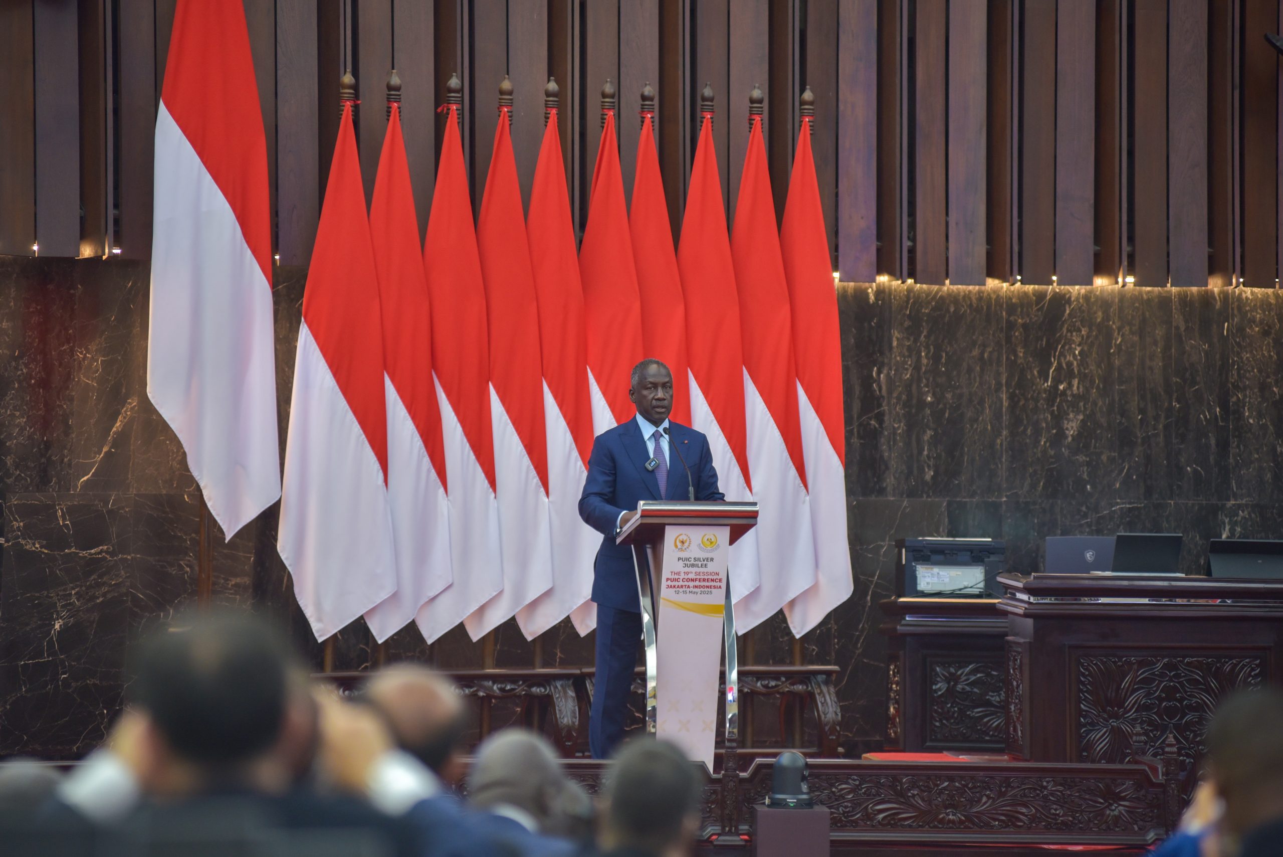 Ketua Parlemen Republik Pantai Gading Adama Bictogo saat menyampaikan pidato pada Sidang ke-26 Komite Umum PUIC di Gedung Nusantara, Senayan, Jakarta, Rabu (14/5/2025). Foto: Kresno/vel.