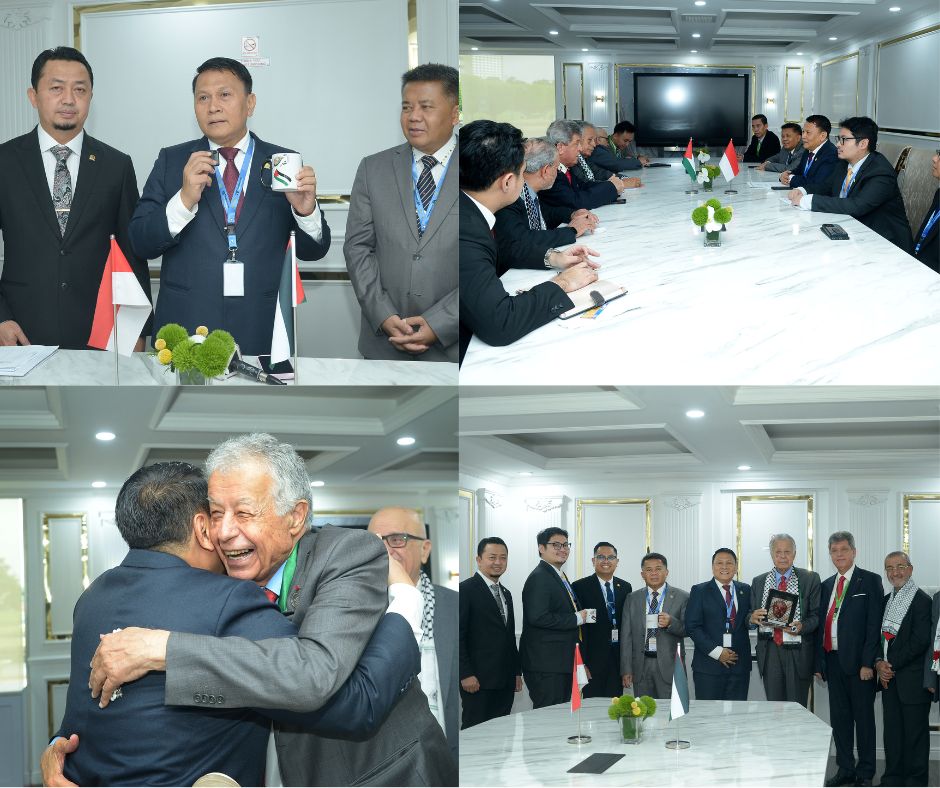 Ketua Badan Kerja Sama Antar-Parlemen (BKSAP) DPR RI, Mardani Ali Sera, bersama delegasi BKSAP DPR RI lainnya saat pertemuan bilateral dengan delegasi Parlemen Palestina, serta menerima sebuah hadiah mug bergambar Palestina dan Al-Quds (Yerusalem) di Gedung Nusantara, Senayan, Jakarta, Rabu (14/05/2025). Foto: Runi/vel.