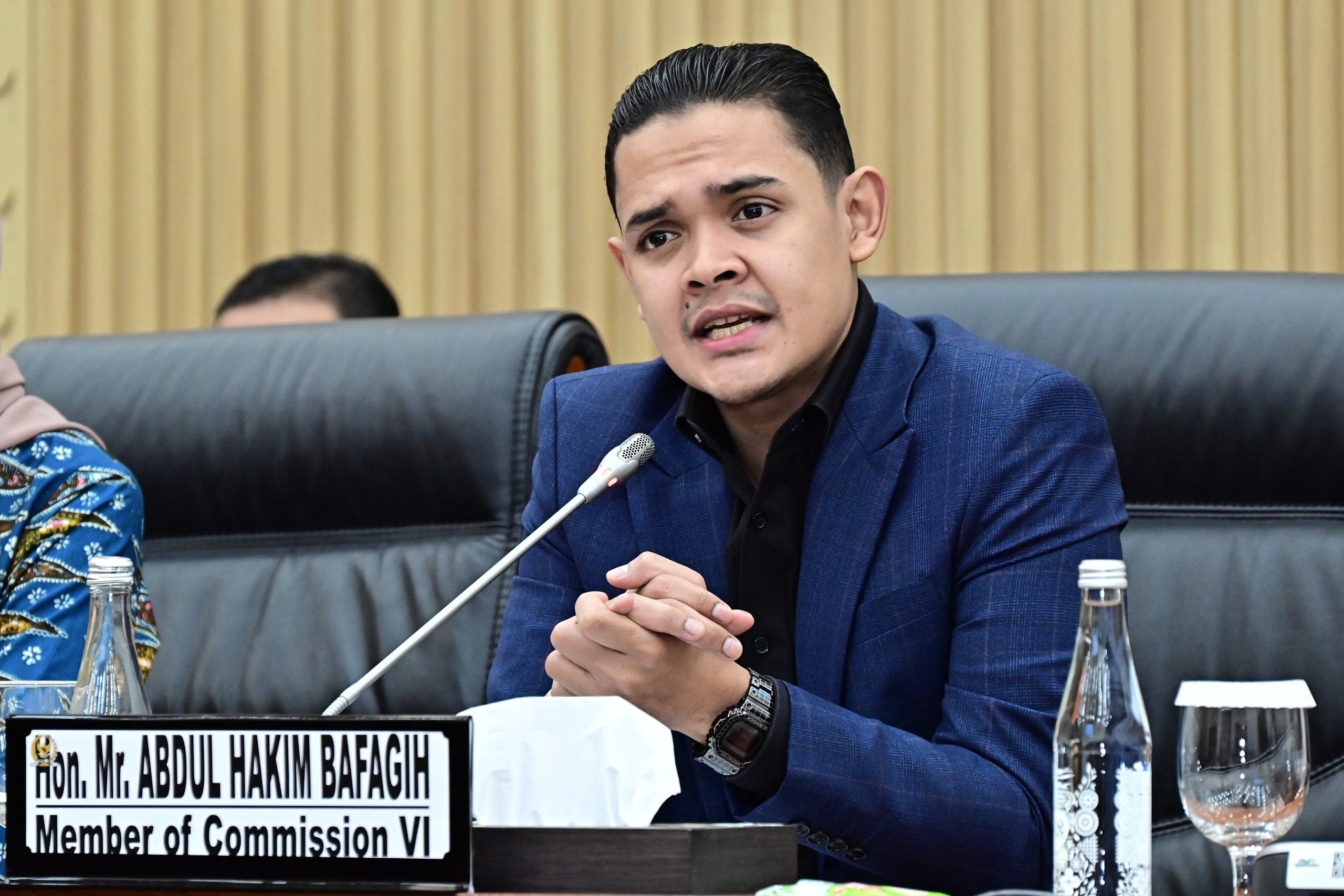 Anggota Komisi VI DPR RI Abdul Hakim Bafagih saat pertemuan bilateral antara Komisi VI DPR RI dengan National Policy Committee of the National Assembly of South Korea di Gedung Nusantara I, Senin (28/7/2025). Foto: Farhan/vel.