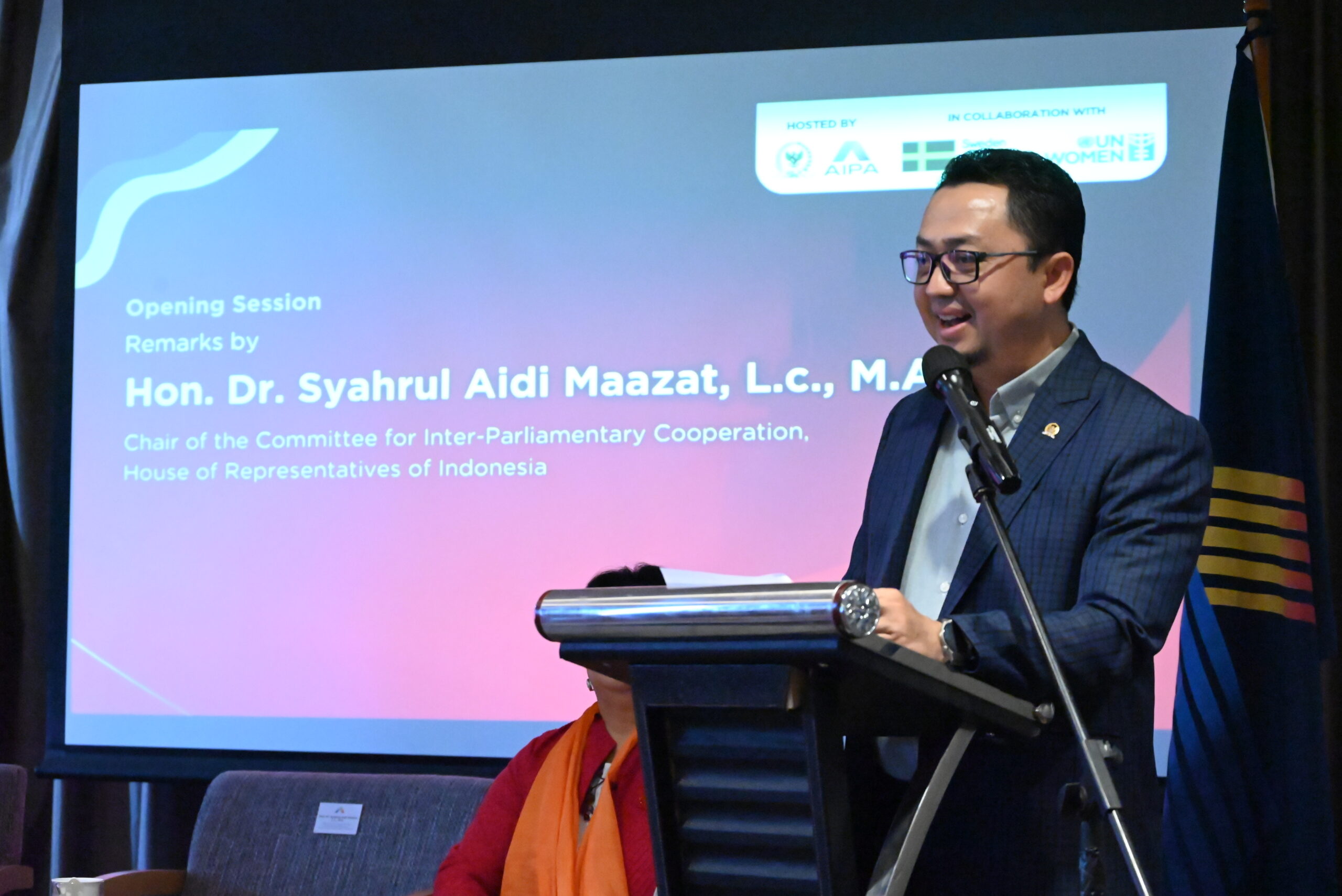 Ketua BKSAP DPR RI, Syahrul Aidi Maazat BKSAP DPR RI dalam 'WAIPA Townhall: From Participation to Leadership — Empowering Women in Shaping the Political Landscape' di Bogor, Jawa Barat, Selasa, (25/11/2025). Foto : Ubaid/Andri.